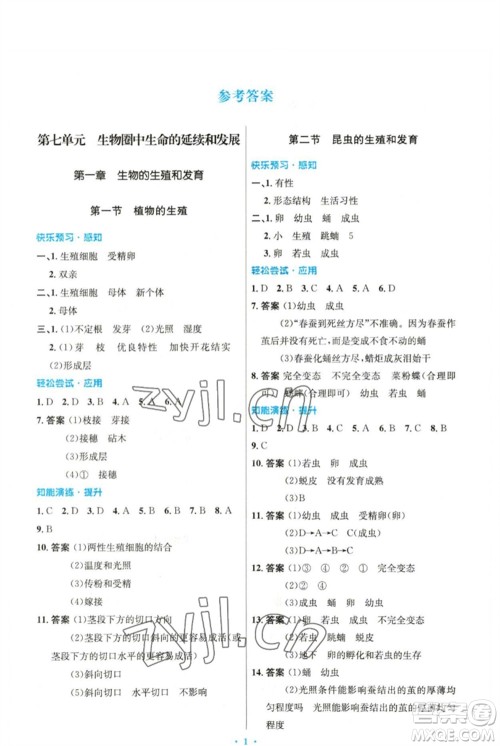 人民教育出版社2023初中同步测控优化设计八年级生物下册人教版精编版参考答案