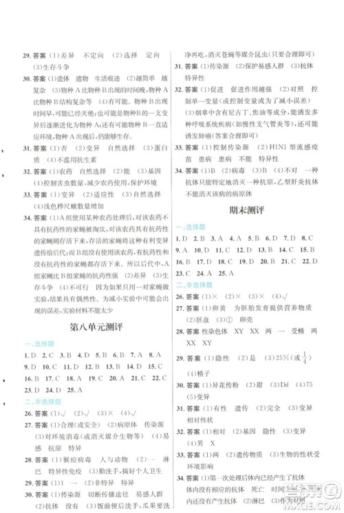 人民教育出版社2023初中同步测控优化设计八年级生物下册人教版福建专版参考答案