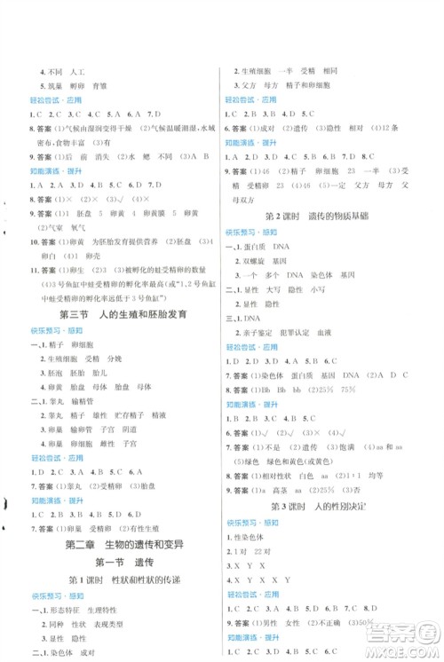 知识出版社2023初中同步测控优化设计八年级生物下册冀少版福建专版参考答案