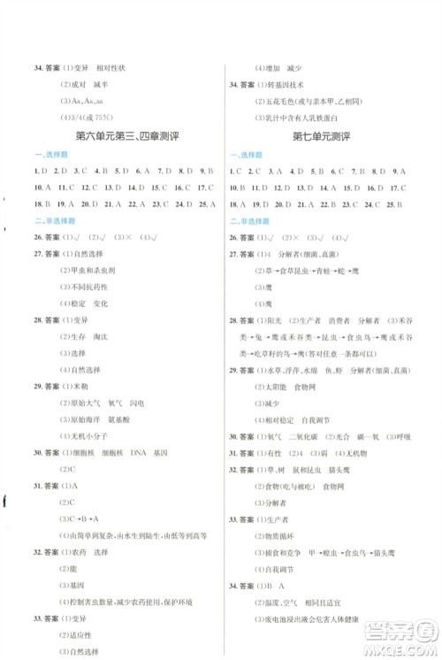 知识出版社2023初中同步测控优化设计八年级生物下册冀少版福建专版参考答案