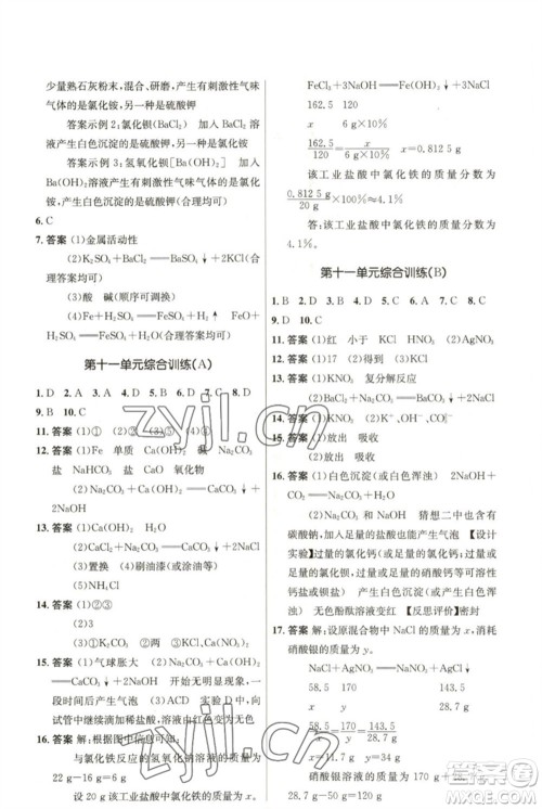 人民教育出版社2023初中同步测控优化设计九年级化学下册人教版参考答案