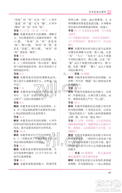 湖南师范大学出版社2023木头马分层课课练四年级语文下册部编版福建专版参考答案