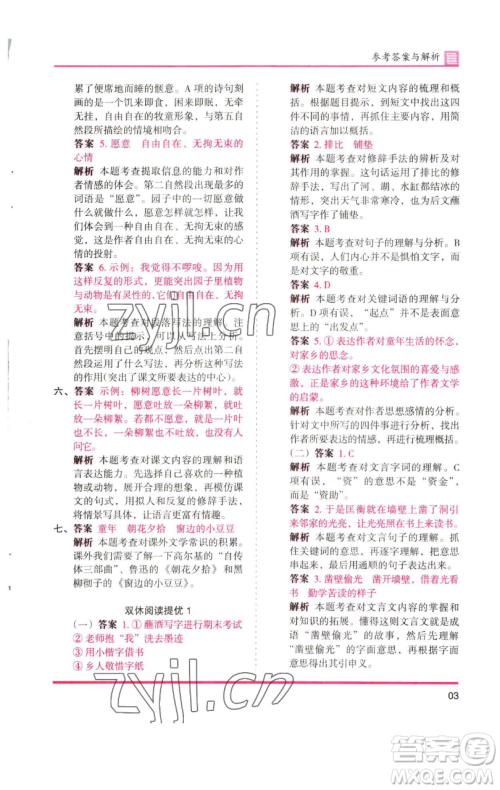 湖南师范大学出版社2023木头马分层课课练五年级语文下册人教版浙江专版参考答案