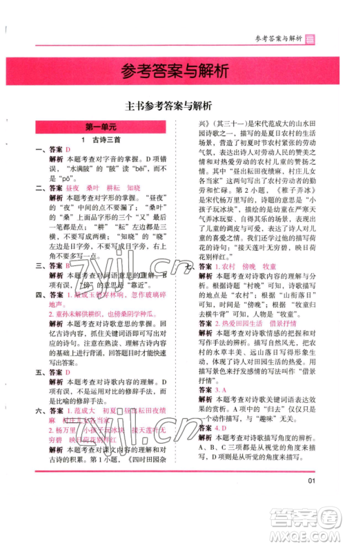 湖南师范大学出版社2023木头马分层课课练五年级语文下册人教版浙江专版参考答案