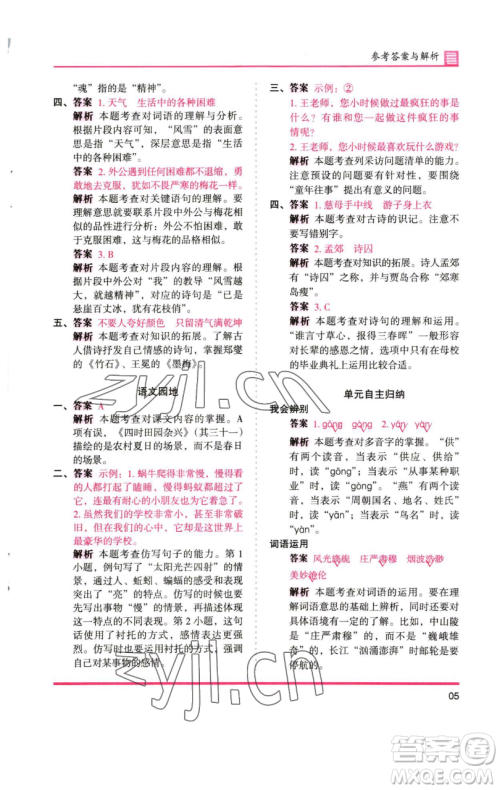 湖南师范大学出版社2023木头马分层课课练五年级语文下册人教版浙江专版参考答案