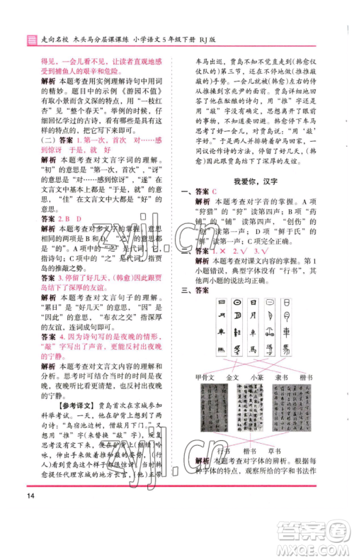 湖南师范大学出版社2023木头马分层课课练五年级语文下册人教版浙江专版参考答案