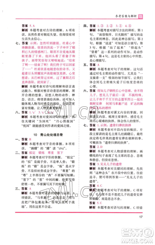 湖南师范大学出版社2023木头马分层课课练五年级语文下册人教版浙江专版参考答案