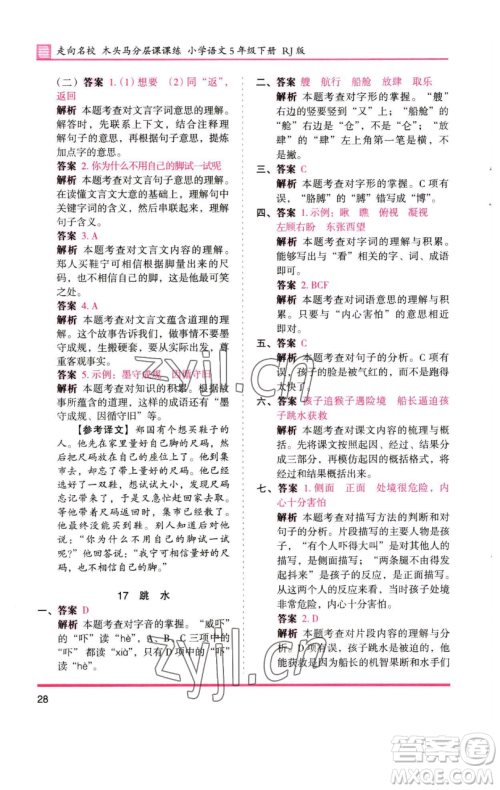 湖南师范大学出版社2023木头马分层课课练五年级语文下册人教版浙江专版参考答案