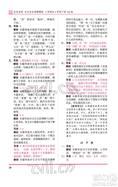 湖南师范大学出版社2023木头马分层课课练五年级语文下册人教版浙江专版参考答案 湖南师范大学出版社2023木头马分层课课练五年级语文下册人教版浙江专版参考答案