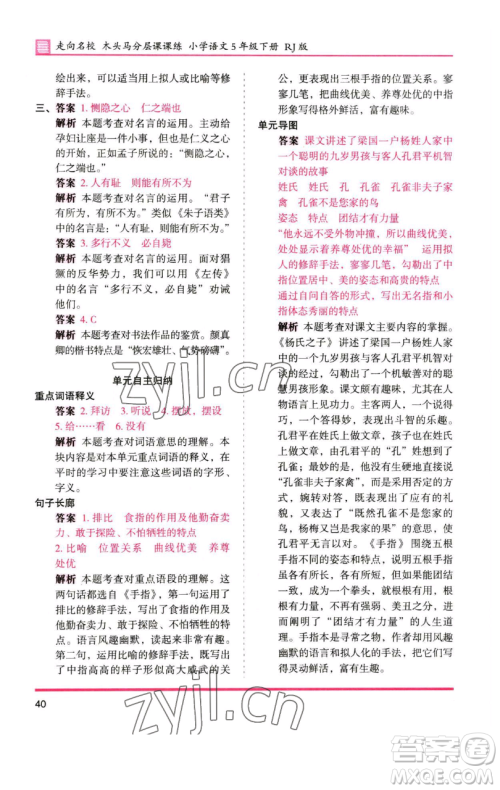 湖南师范大学出版社2023木头马分层课课练五年级语文下册人教版浙江专版参考答案