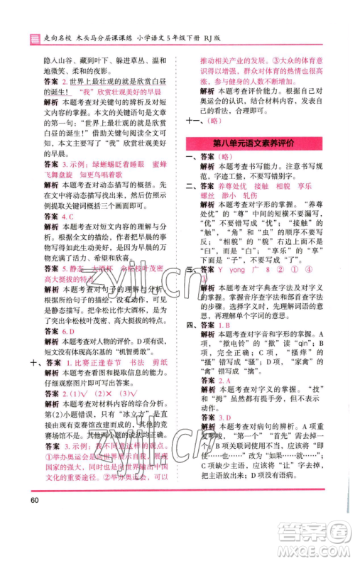 湖南师范大学出版社2023木头马分层课课练五年级语文下册人教版浙江专版参考答案