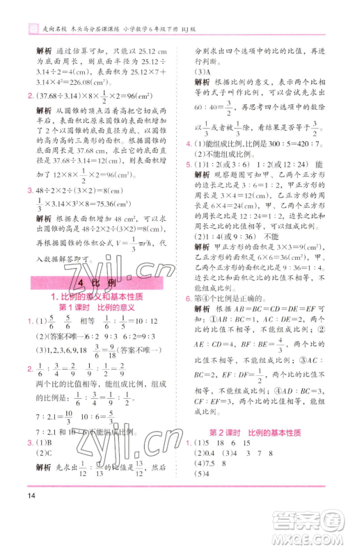 湖南师范大学出版社2023木头马分层课课练六年级数学下册人教版浙江专版参考答案