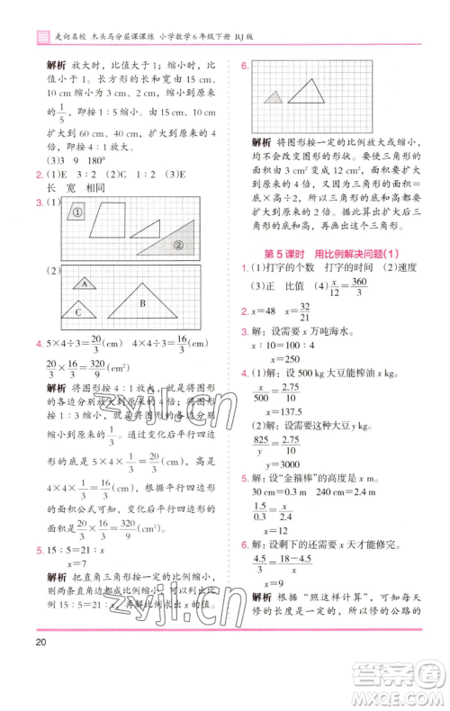 湖南师范大学出版社2023木头马分层课课练六年级数学下册人教版浙江专版参考答案