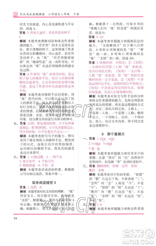 湖南师范大学出版社2023木头马分层课课练六年级语文下册部编版福建专版参考答案
