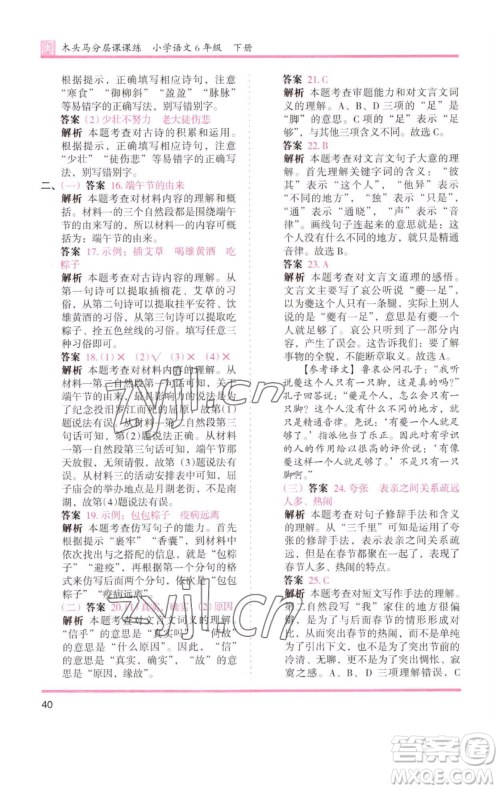 湖南师范大学出版社2023木头马分层课课练六年级语文下册部编版福建专版参考答案