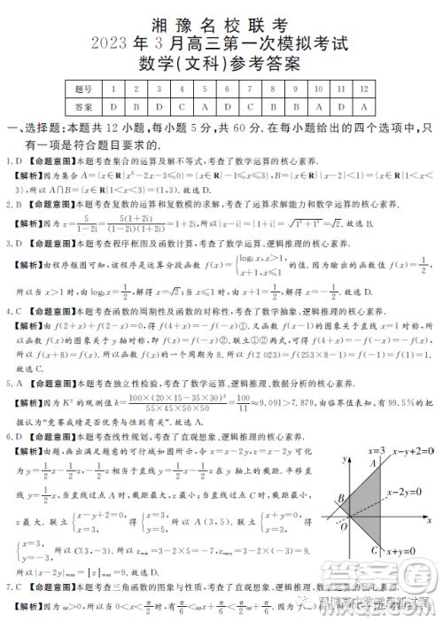 湘豫名校联考2023年3月高三第一次模拟考试数学文科试卷答案 湘豫名校联考2023年3月高三第一次模拟考试数学文科试卷答案