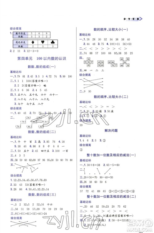 天津教育出版社2023学习质量监测一年级数学下册人教版参考答案