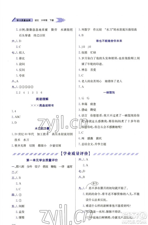 天津教育出版社2023学习质量监测六年级语文下册人教版参考答案
