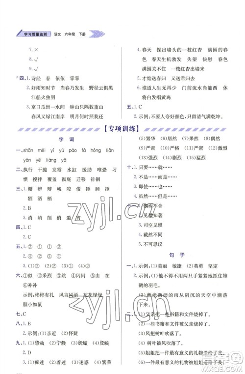 天津教育出版社2023学习质量监测六年级语文下册人教版参考答案