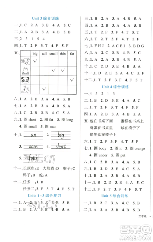 长江出版社2023黄冈状元成才路状元作业本三年级英语下册人教PEP版参考答案