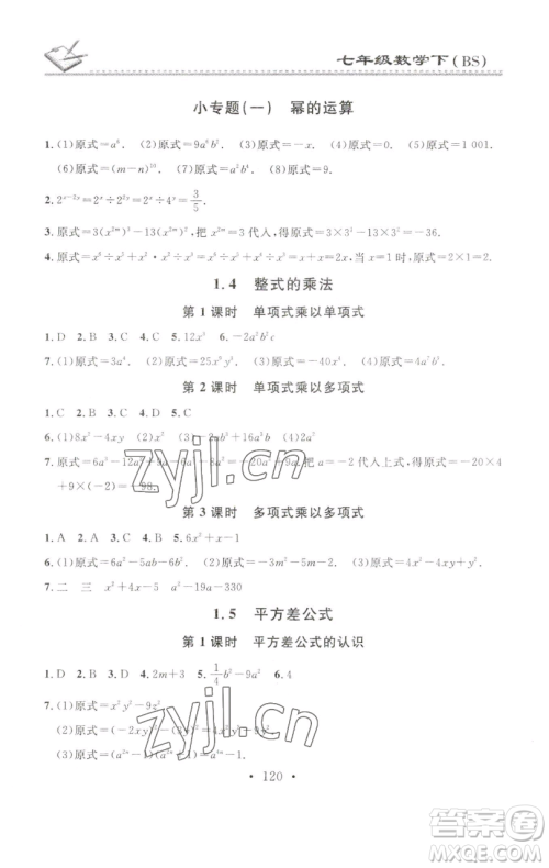 广东经济出版社2023名校课堂小练习七年级数学下册北师大版参考答案