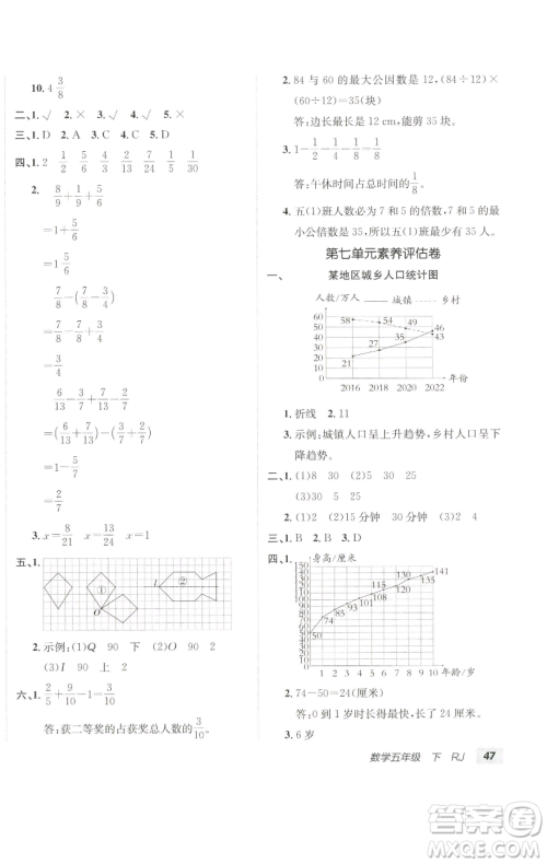 新疆青少年出版社2023海淀单元测试AB卷五年级数学下册人教版参考答案