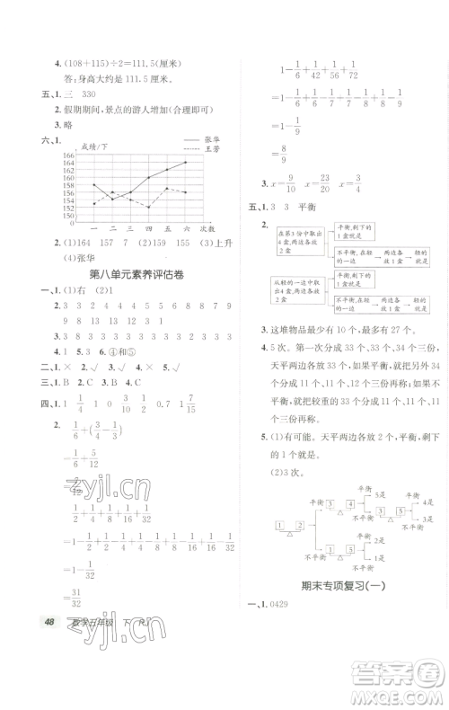 新疆青少年出版社2023海淀单元测试AB卷五年级数学下册人教版参考答案