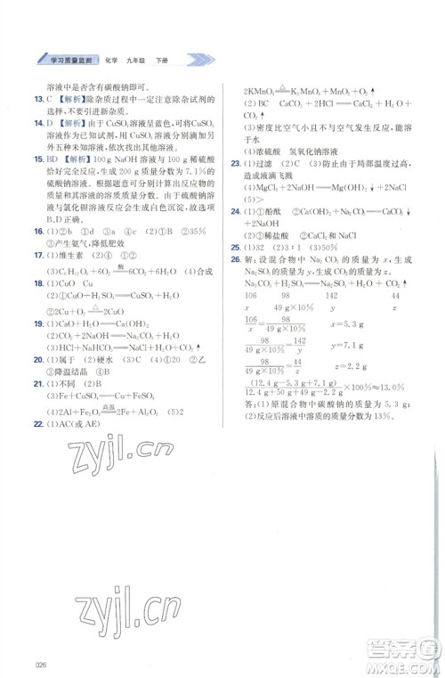 天津教育出版社2023学习质量监测九年级化学下册人教版参考答案