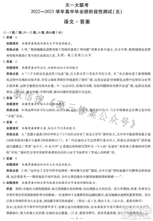 天一大联考2022-2023学年高中毕业班阶段性测试五语文试卷答案