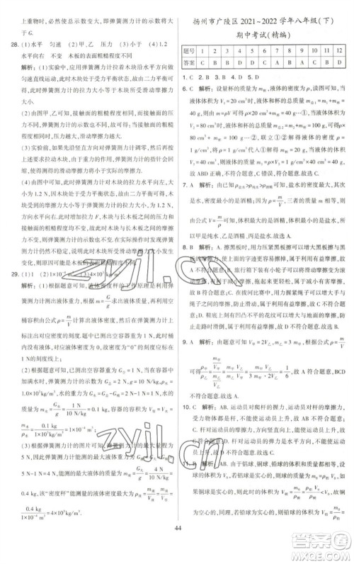 河海大学出版社2023学霸提优大试卷八年级物理下册苏科版参考答案