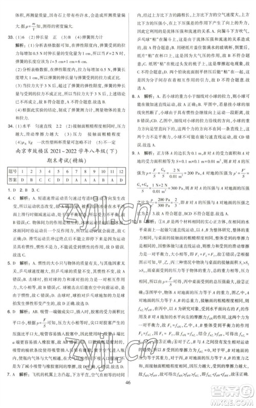 河海大学出版社2023学霸提优大试卷八年级物理下册苏科版参考答案