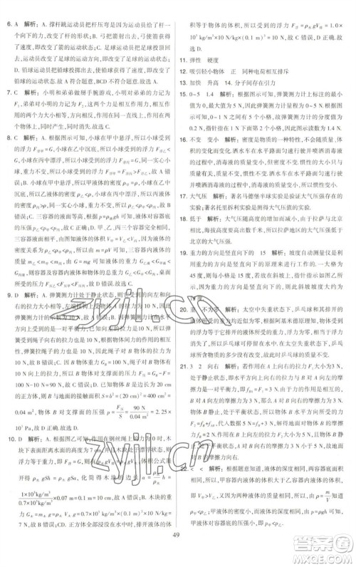 河海大学出版社2023学霸提优大试卷八年级物理下册苏科版参考答案