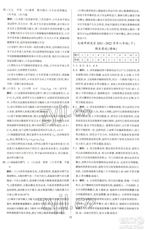 河海大学出版社2023学霸提优大试卷八年级物理下册苏科版参考答案