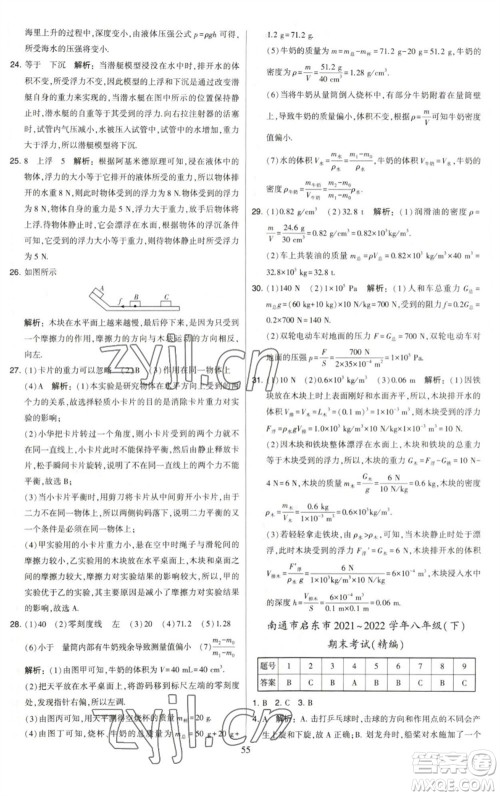 河海大学出版社2023学霸提优大试卷八年级物理下册苏科版参考答案