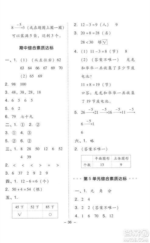 吉林教育出版社2023综合应用创新题典中点一年级数学下册人教版浙江专版参考答案