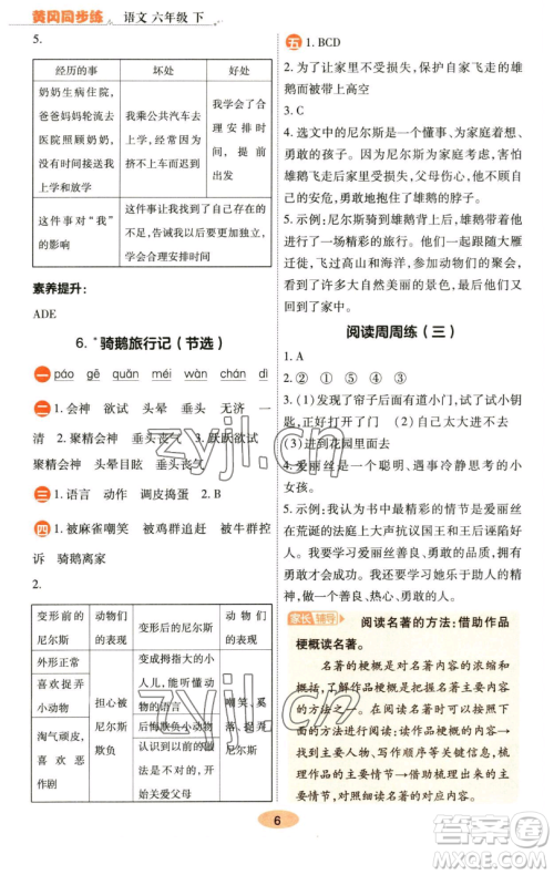陕西师范大学出版总社有限公司2023黄冈同步练六年级语文下册人教版参考答案 陕西师范大学出版总社有限公司2023黄冈同步练六年级语文下册人教版参考答案