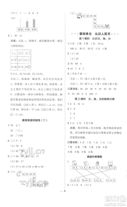 山西教育出版社2023综合应用创新题典中点一年级数学下册冀教版参考答案