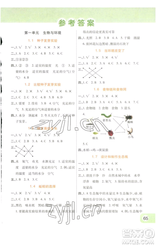 陕西师范大学出版总社有限公司2023黄冈同步练一日一练五年级科学下册教科版参考答案