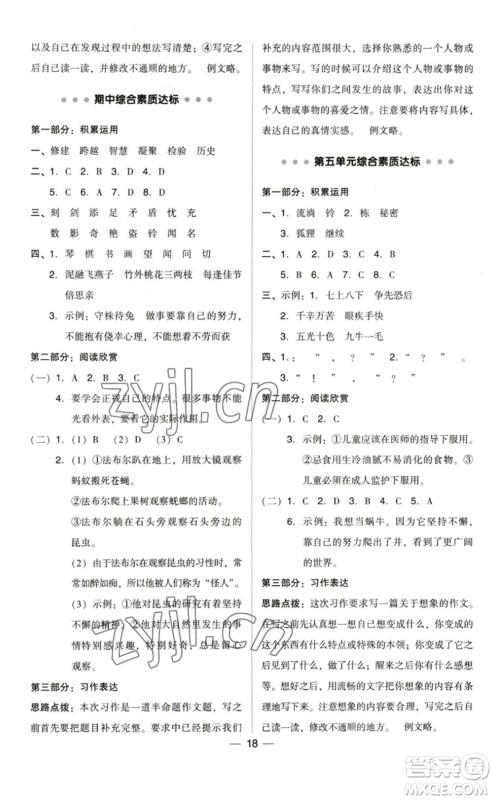 陕西人民教育出版社2023综合应用创新题典中点三年级语文下册人教版福建专版参考答案