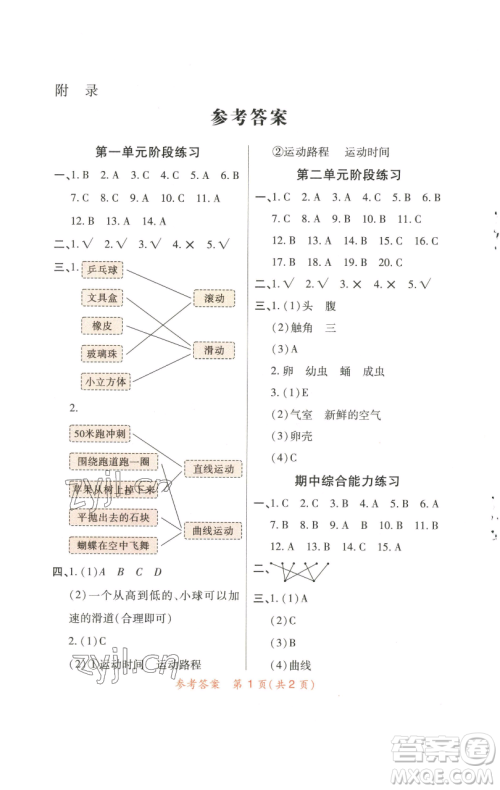 陕西师范大学出版总社有限公司2023黄冈同步练一日一练三年级科学下册教科版参考答案