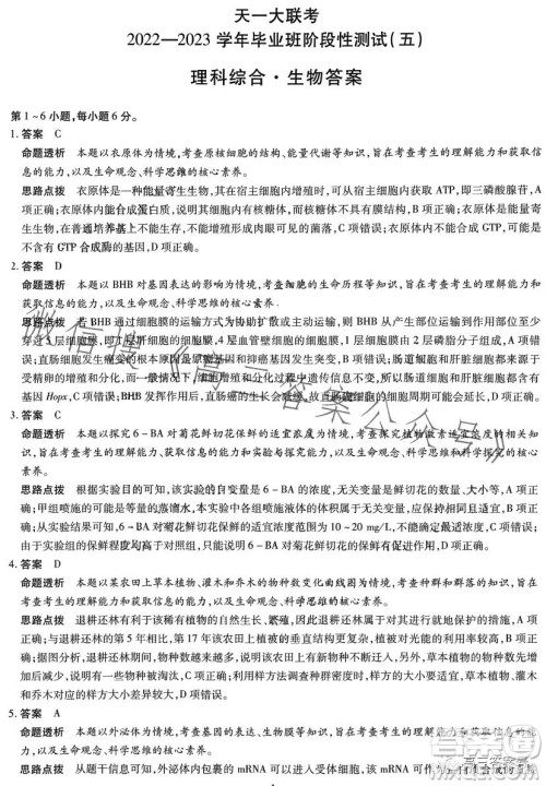 天一大联考2022-2023学年高中毕业班阶段性测试五理科综合试卷答案