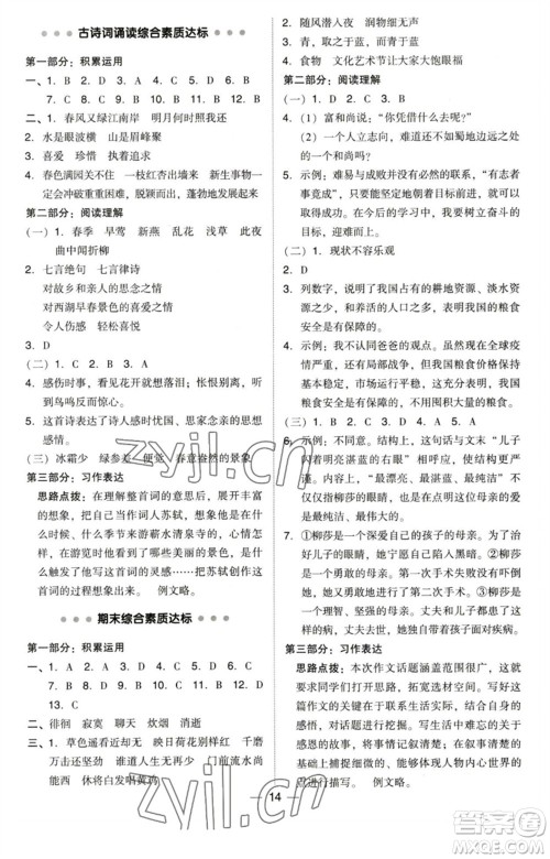 陕西人民教育出版社2023综合应用创新题典中点六年级语文下册人教版福建专版参考答案