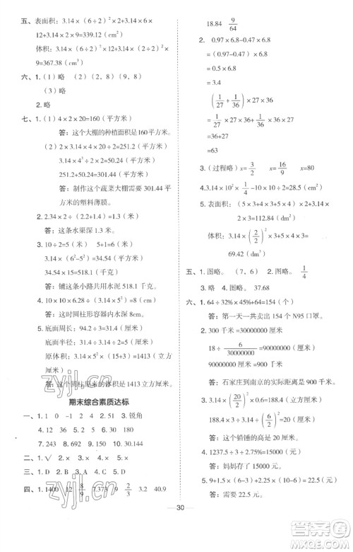 吉林教育出版社2023综合应用创新题典中点六年级数学下册冀教版参考答案