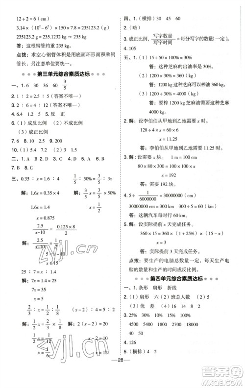 陕西人民教育出版社2023综合应用创新题典中点六年级数学下册西师大版参考答案