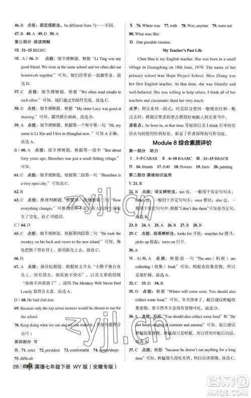 山西教育出版社2023综合应用创新题典中点七年级英语下册外研版安徽专版参考答案
