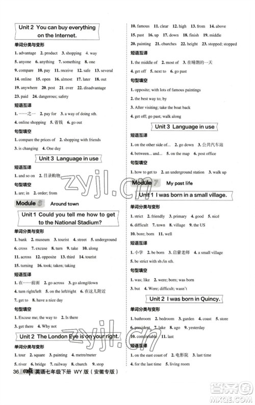 山西教育出版社2023综合应用创新题典中点七年级英语下册外研版安徽专版参考答案