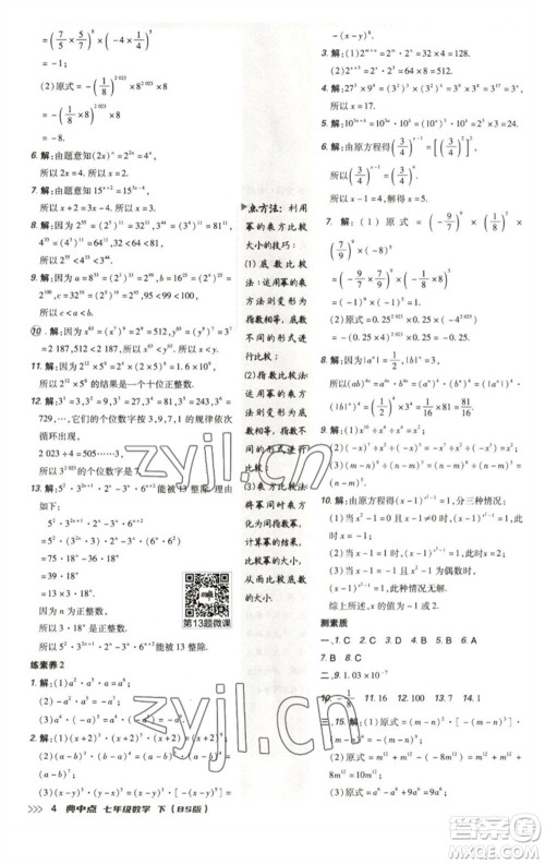 陕西人民教育出版社2023综合应用创新题典中点七年级数学下册北师大版参考答案