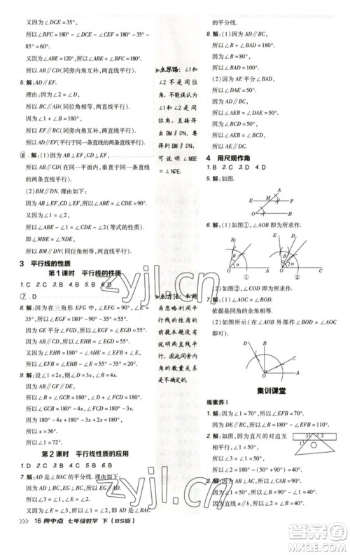 陕西人民教育出版社2023综合应用创新题典中点七年级数学下册北师大版参考答案