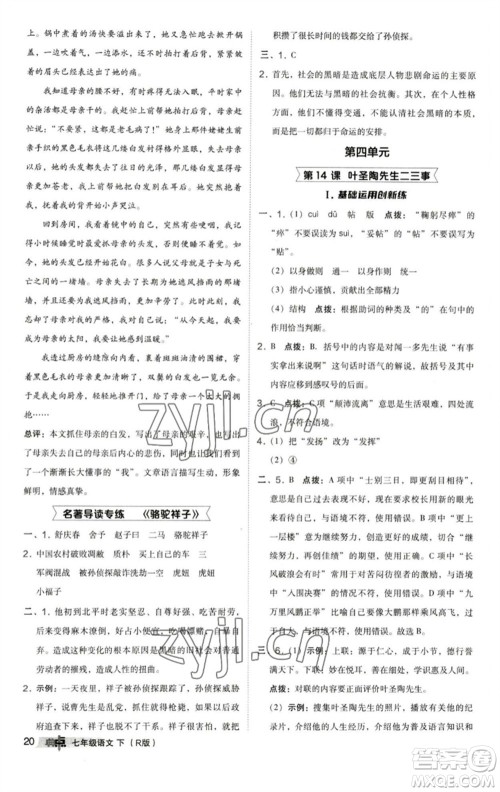 陕西人民教育出版社2023综合应用创新题典中点七年级语文下册人教版参考答案