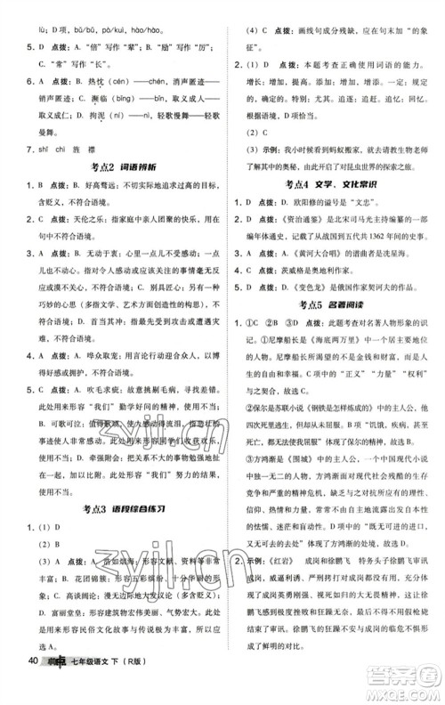 陕西人民教育出版社2023综合应用创新题典中点七年级语文下册人教版参考答案